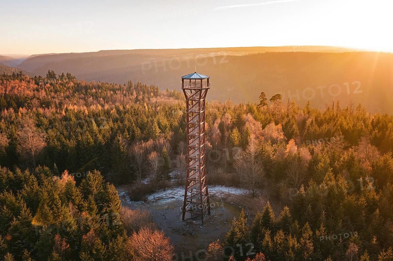 An observation tower stands in an autumnal forest at sunrise, Hohe Warte lookout tower, Hohenwart, Pforzheim, Germany