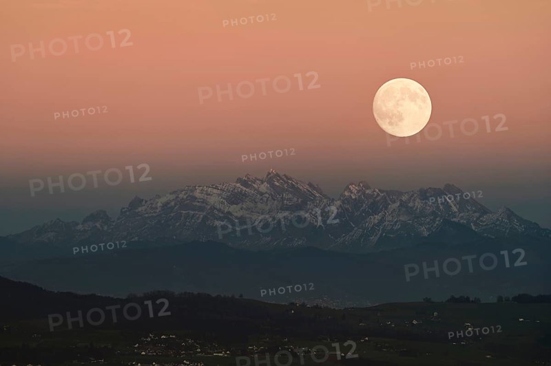 View from Horben of the Alpstein Mountains with the Säntis, in the light of the full moon, Beinwil-Freiamt, Canton, Aargau, Switzerland