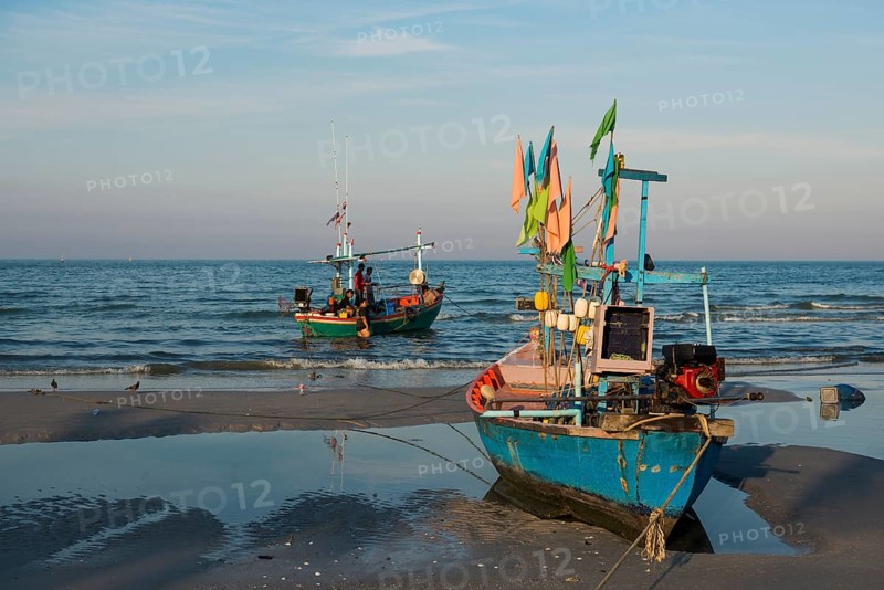 Colorful fishing boats on beach, sunset, Hua Hin, Prachuap Khiri Khan, Central Thailand, Thailand
