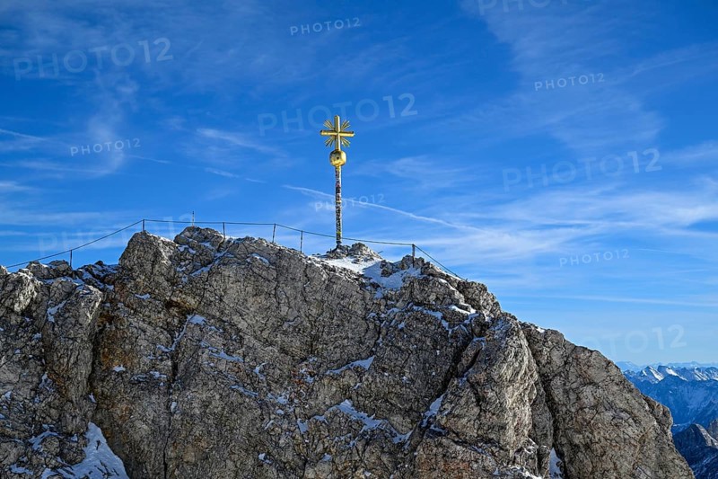 Zugspitze summit cross (2962 m), Grainau municipality, Garmisch-Partenkirchen district, Bavaria, Germany