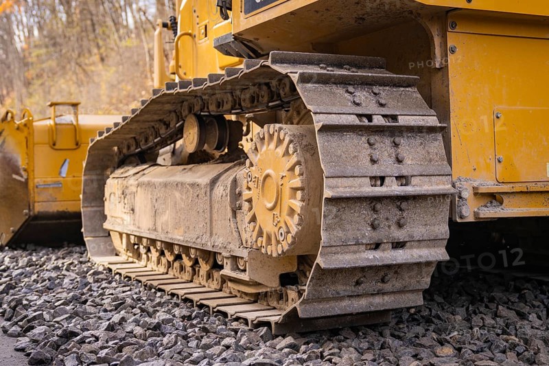 Close-up of a chain tractor on gravel, part of construction, track construction of the Hermann Hesse Railway, Calw, Germany