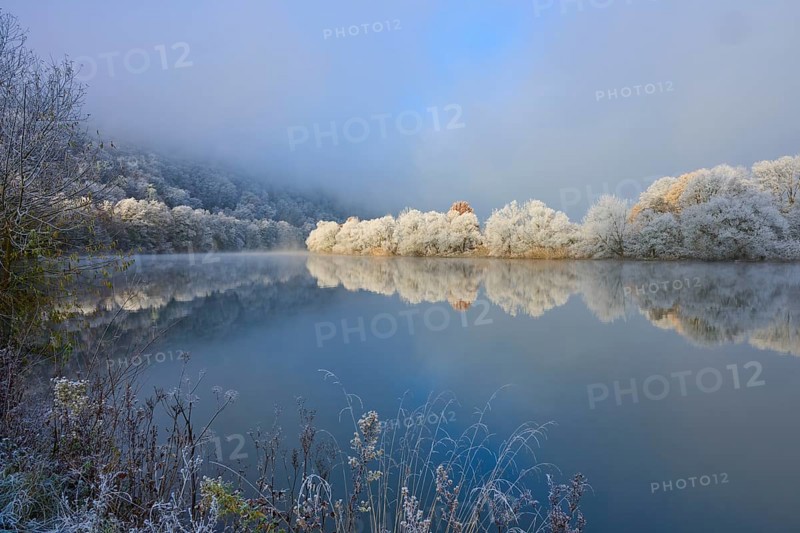 A river with snow-white trees that are reflected in the water. Atmospheric, quiet winter landscape, hoarfrost, winter, Boxtal, Main-Tauber district, Baden-Württemberg, and Stadtprozelten, Dorfprozelten, Main, Spessart, Bavaria, Germany