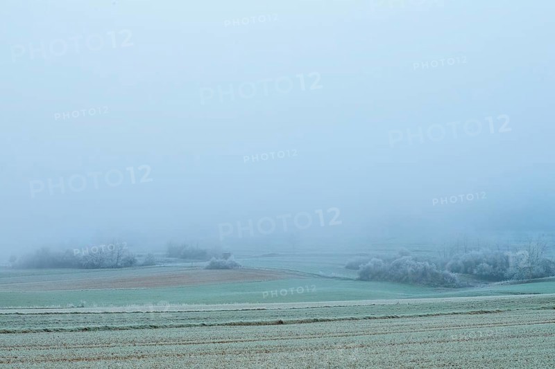Snowy fields in fog with frosty, cool winter ambiance, hoarfrost, winter, Bürgstadt, Miltenberg, Spessart, Bavaria, Germany