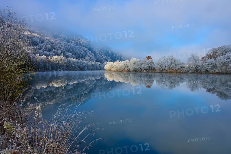 Clear water reflects the snow-white trees and the quiet winter panorama, hoarfrost, winter, Boxtal, Main-Tauber-Kreis, Baden-Württemberg, and Stadtprozelten, Dorfprozelten, Main, Spessart, Bavaria, Germany