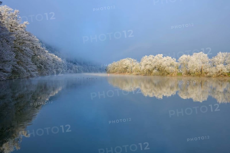 Cool winter atmosphere with snow-white tree reflections in still water, hoarfrost, winter, Boxtal, Main-Tauber district, Baden-Württemberg, and Stadtprozelten, Dorfprozelten, Main, Spessart, Bavaria, Germany