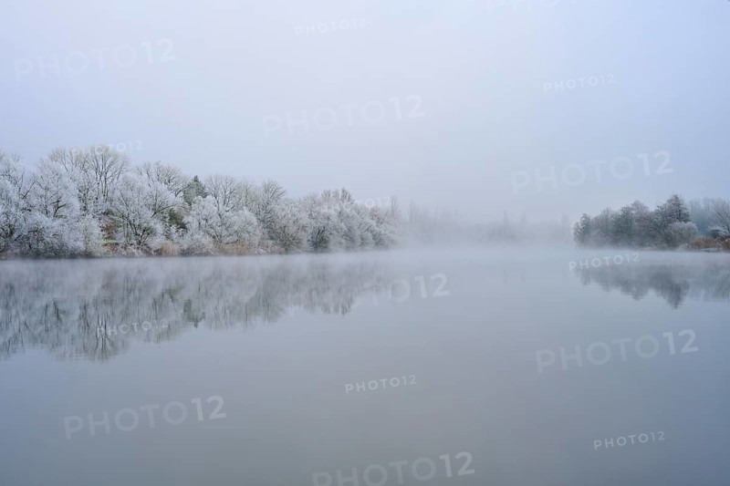 Thick fog surrounds a quiet river with snowy, reflecting trees, hoarfrost, winter, Boxtal, Main-Tauber district, Baden-Württemberg, and Stadtprozelten, Dorfprozelten, Main, Spessart, Bavaria, Germany