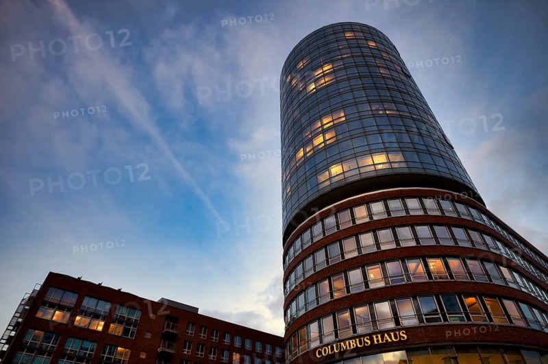 Columbus House, Hafencity, Free and Hanseatic City of Hamburg, twilight, evening, blue hour, Germany