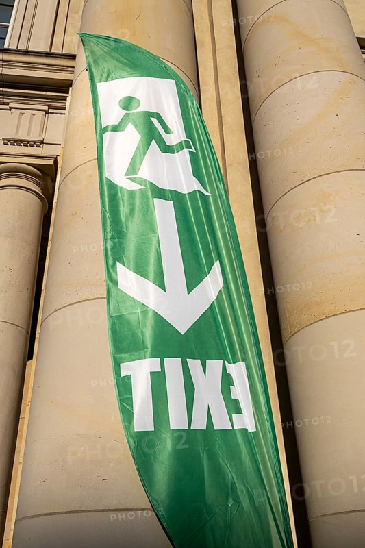 Green exit banners at the Schlüter Hof exit in the Humboldt Forum, Berlin, Germany