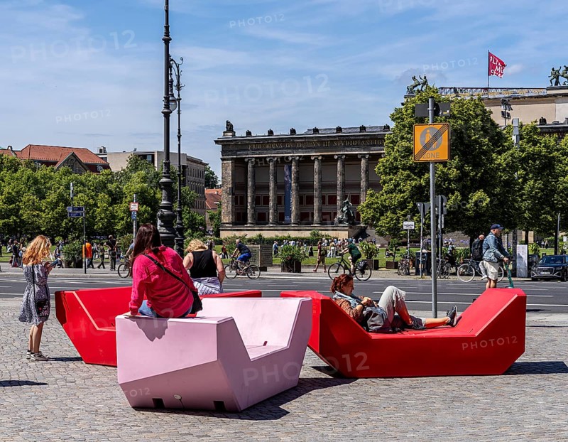 Plastic seating elements in front of the Humboldt Forum and the Lustgarten, Berlin, Germany