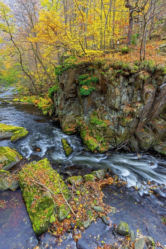 River Bode running through forest showing autumn colours, fall colors at Nature reserve Bode Valley in the Harz Mountains, Saxony-Anhalt, Germany