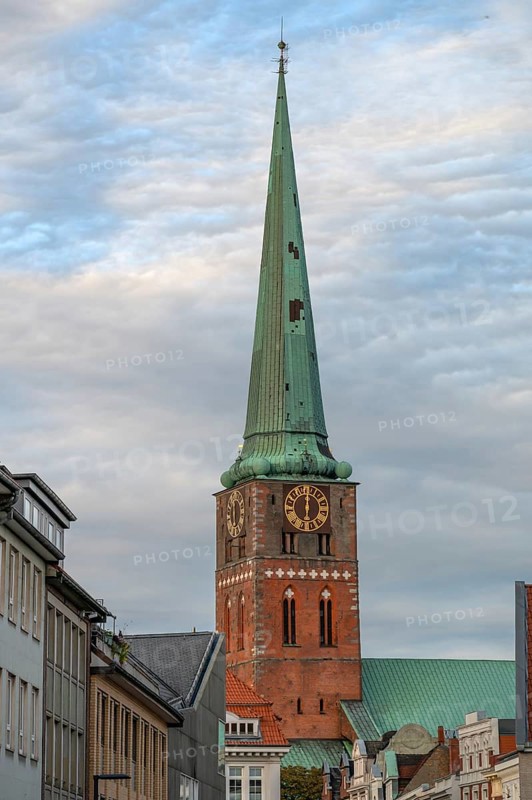 Tower of St Jacobi Church, consecrated in 1334 as the Church of Seafarers and Fishermen, Hanseatic City of Lübeck, Schleswig-Holstein, Germany