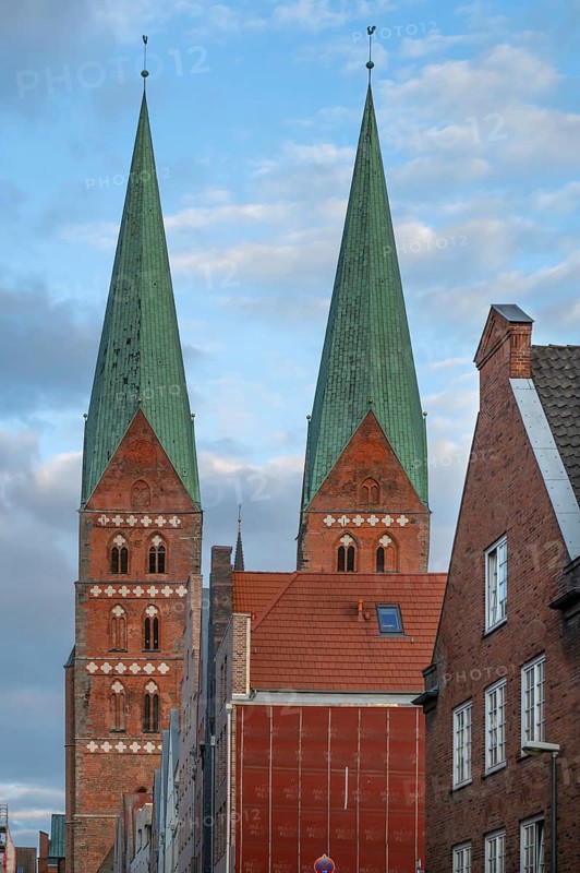 St. Mary's Church towers, brick Gothic, built between 1265 and 1351, Hanseatic City of Lübeck, Schleswig-Holstein, Germany