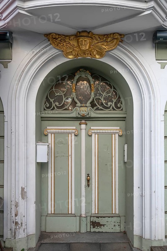 Decorative entrance door of a residential building, Hanseatic City of Lübeck, Schleswig-Holstein, Germany