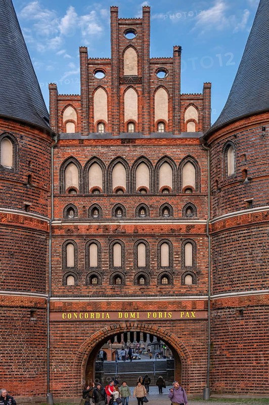 Detail of Holsten Gate, historic city gate from 1478, Holstentorplatz, Hanseatic City of Lübeck, Schleswig-Holstein, Germany