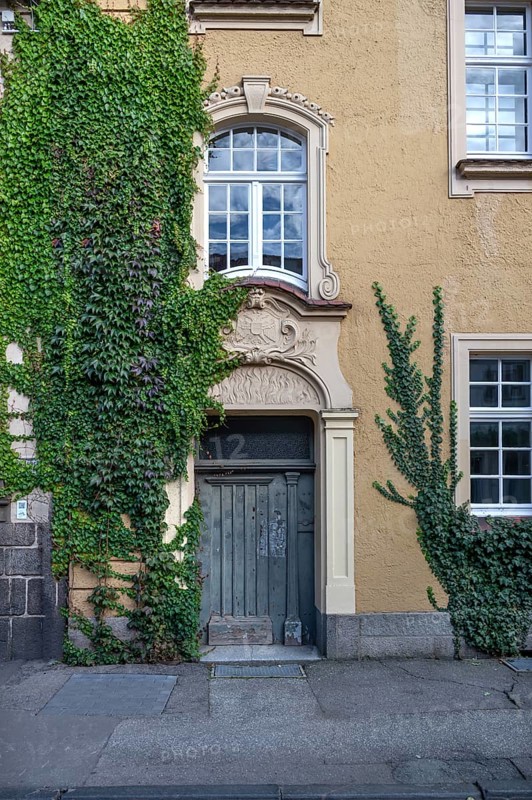 Stucco decoration above the entrance to Johanneum, built in 1905, near St. Johannis 1-3, Hanseatic City of Lübeck, Schlesawig-Holstein, Germany