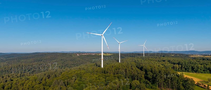 Wind turbines in a green hilly landscape, standing in a clear sky, near Schorndorf, Remstal, Baden-Württemberg, Germany