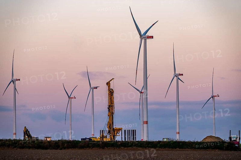 Construction site of the new Bedburg 3 wind farm, on recultivated open-cast mining site, 9 wind power plants with an output of 60 megawatts are being built, finished foundation on which the wind turbine tower is then built, operated by RWE and the city of Bedburg, North Rhine-Westphalia, Germany
