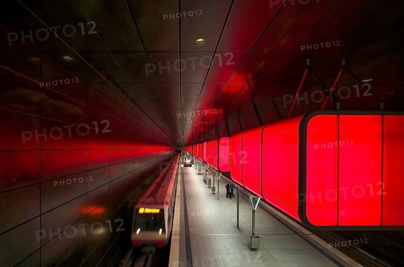 HafenCity University subway station, illuminated in color, red, underground train, movement effect, U4, travelers, platform, stop, train station, subway, public transport, HVV, Hamburger Verkehrsverbund, Hochbahn, public transport, Free and Hanseatic City of Hamburg, Germany