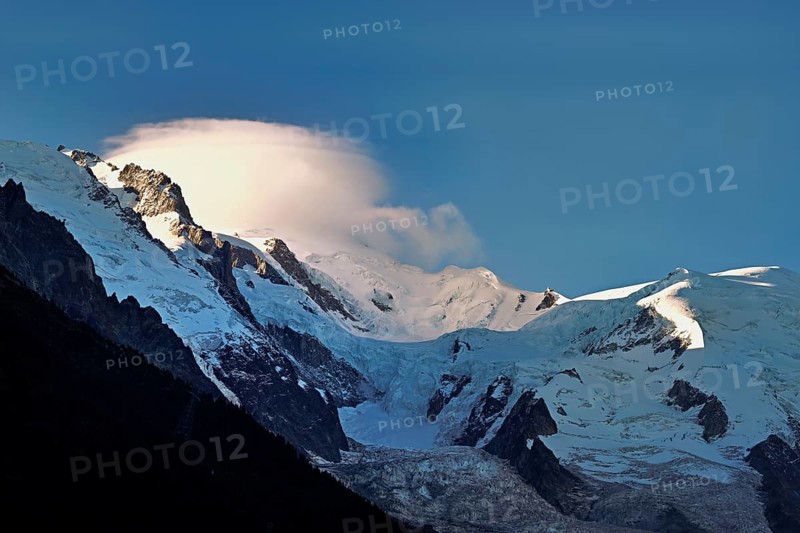 Glaciers in the evening light, in the Mont-Blanc clouds, Chamonix-Mont-Blanc, Haute-Savoie, France