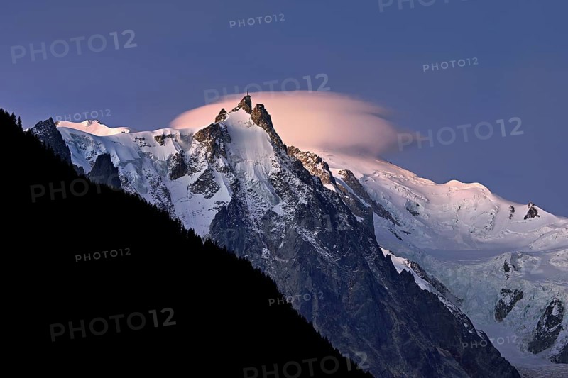 Aiguille du Midi with cloud above the summit, Mont-Blanc, Chamonix-Mont-Blanc, Haute-Savoie, France