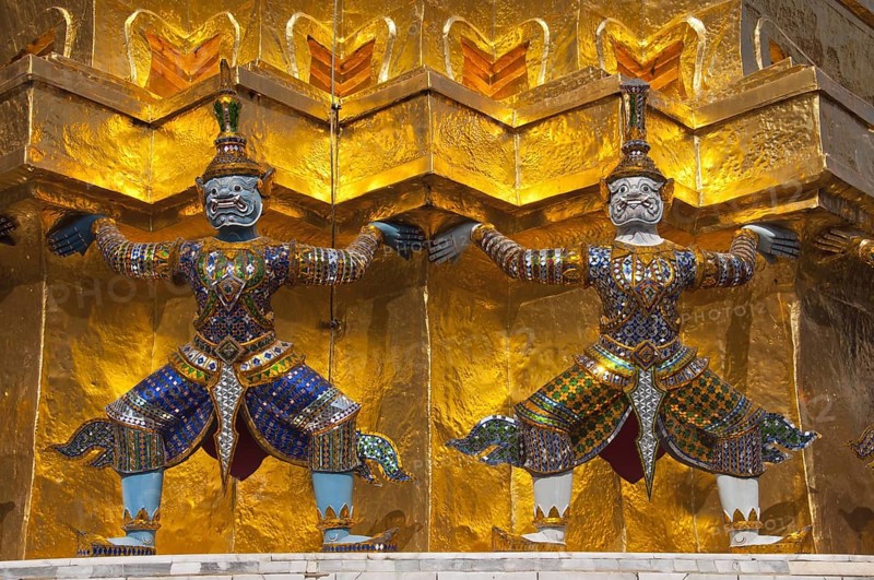 Golden Chedi in Front of the Pantheon, Carried by Twenty Monkeys and Demons, Wat Phra Kaeo Grand Palace (Temple of the Emerald Buddha), Bangkok, Thailand, Southeast Asia, Asia