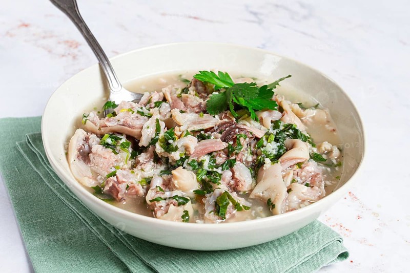 Muzhuzhi, a Georgian dish made from pork legs, with spices and herbs, homemade