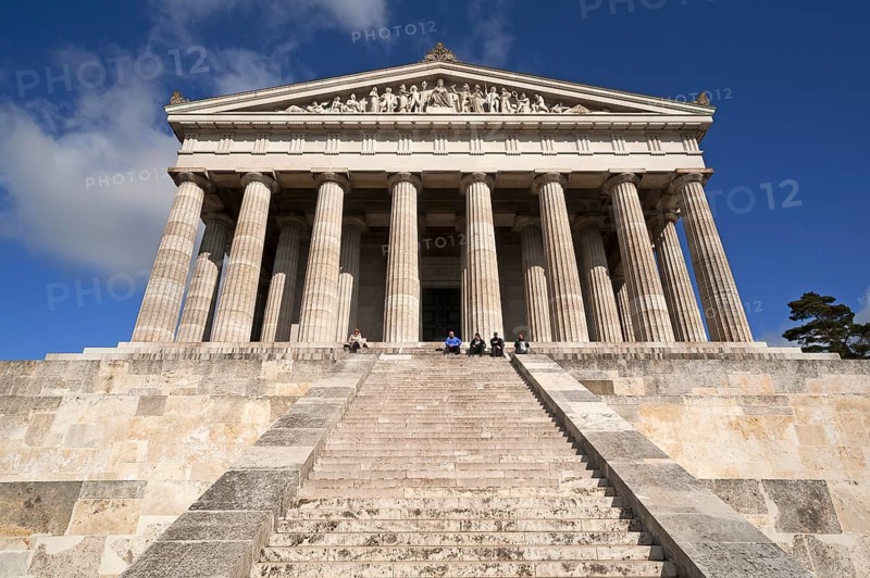 Front view of the Valhalla Memorial, built as a Greek temple in the style of a Doric Peripteros, honoring important personalities since 1842, Danube on the Danube, Upper Palatinate, Bavaria, Germany