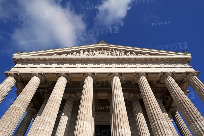 Tympanum sitting on it with sculptures, front of the Valhalla Memorial, honoring important personalities since 1842, Danube run, Upper Palatinate, Bavaria, Germany