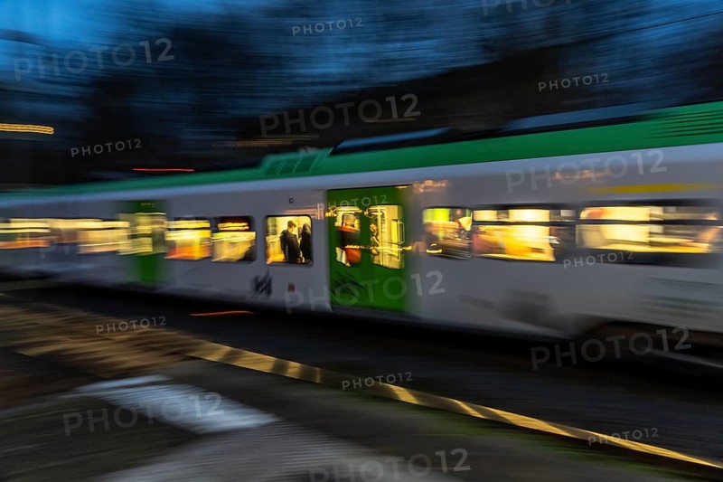 S-Bahn train on the way, at Essen-Steele tram station, North Rhine-Westphalia, Germany