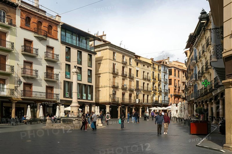 Historic buildings fountain monument, Plaza del Torico square, city centre of Teruel, Aragon, Spain