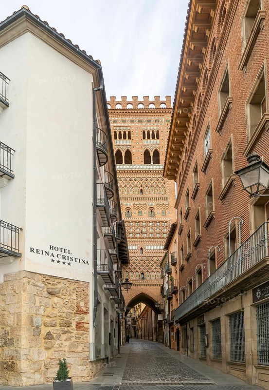 Mudéjar architecture of Torre de El Salvador church tower, city of Teruel, Aragon, Spain