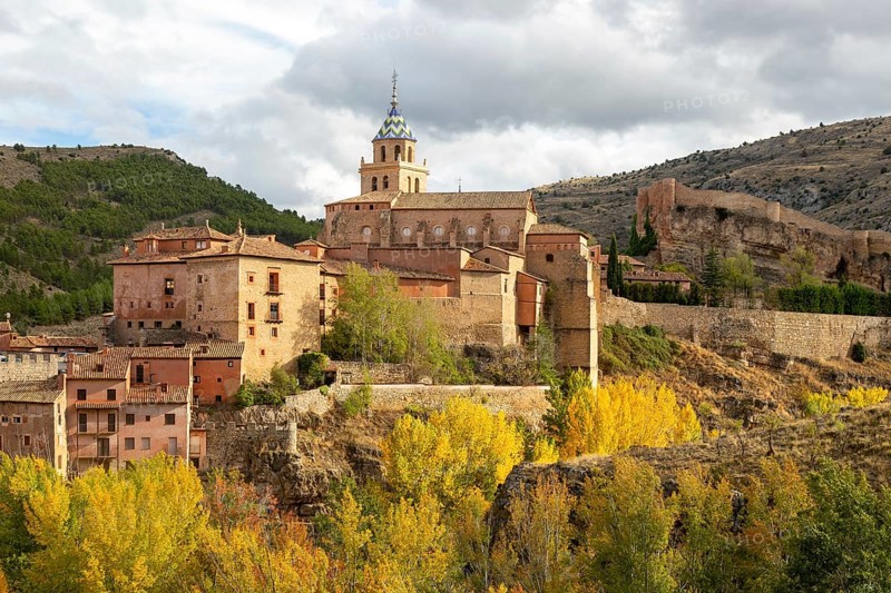 Historic buildings on hillside medieval village of Albarracin, Teruel province, Aragon, Spain