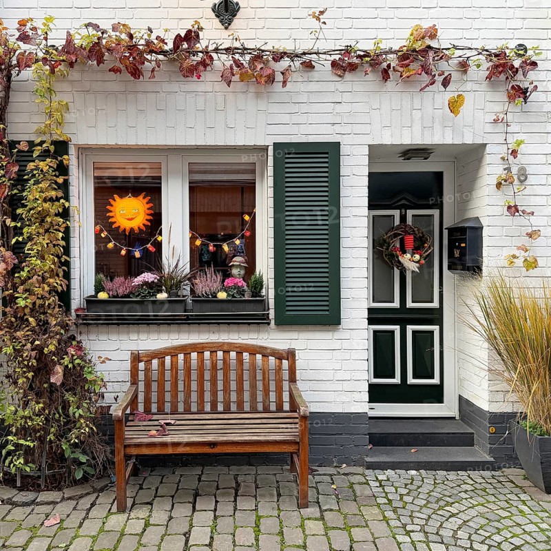 Decorated house façade for the traditional Martin procession in Tiefstraße, Altstadt, Kempen, Lower Rhine, North Rhine-Westphalia, Germany