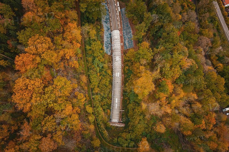 View from above of a tunnel under construction in a colorful forest, Hermann-Hesse-Bahn construction site, Calw, Germany