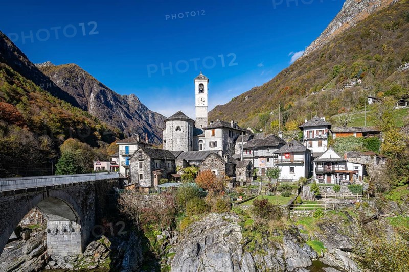 View of town with church, Lavertezzo, Valle Verzasca, Tessin, Switzerland