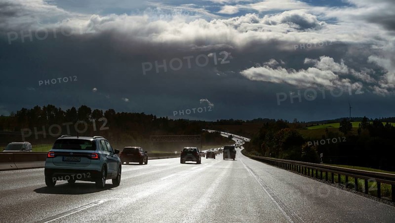 Cars on rain-wet A9 motorway during a thunderstorm, Hof, Upper Franconia, Bavaria, Germany