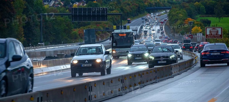 Evening traffic on the A9 motorway, Hof, Upper Franconia, Bavaria, Germany