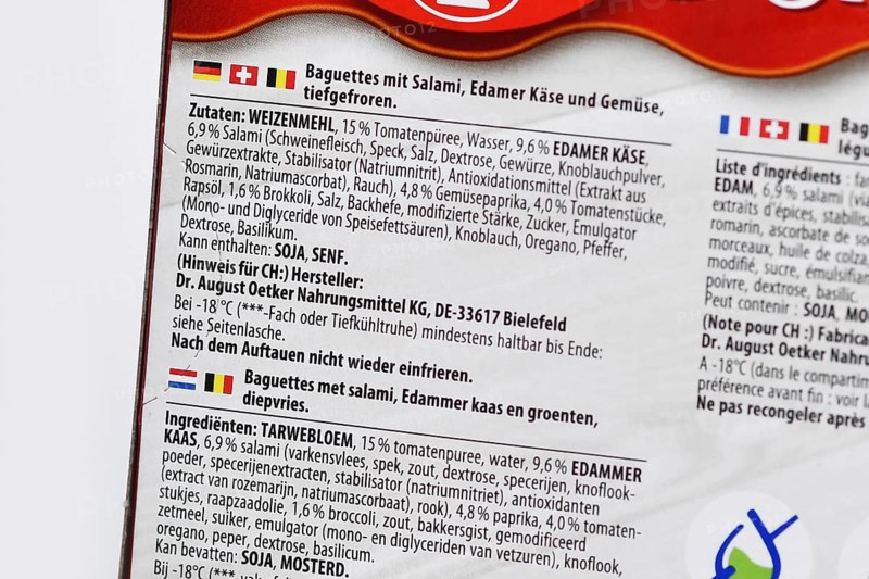 Germany - August 2025: Close up of ingredient list on ready to bake baguette with calories and nutrients