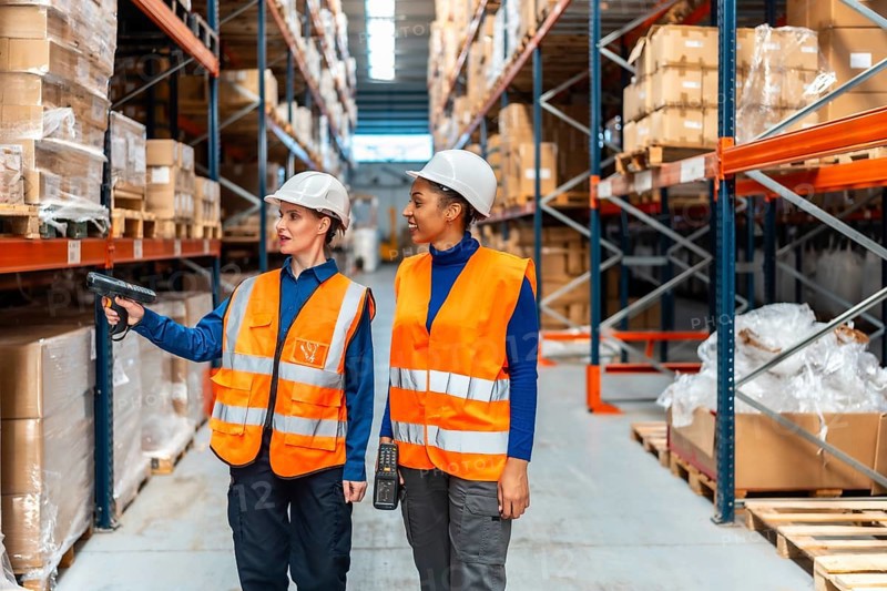 Two women wearing hard hats and safety vests are analyzing inventory by scanning product barcodes inside a modern logistics distribution warehouse with tall shelving racks