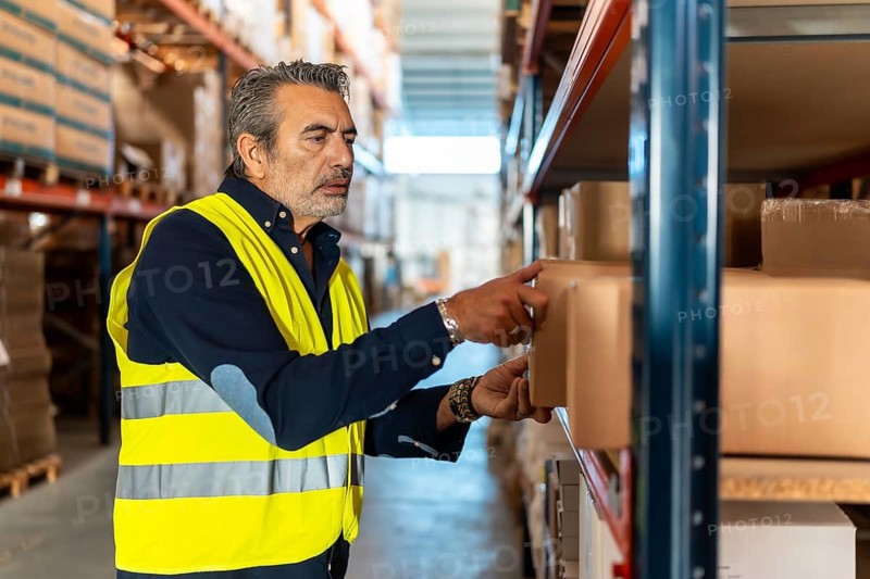 Male logistics worker wearing a high visibility vest is carefully placing or picking cardboard boxes from a rack in a modern distribution warehouse, managing goods in storage
