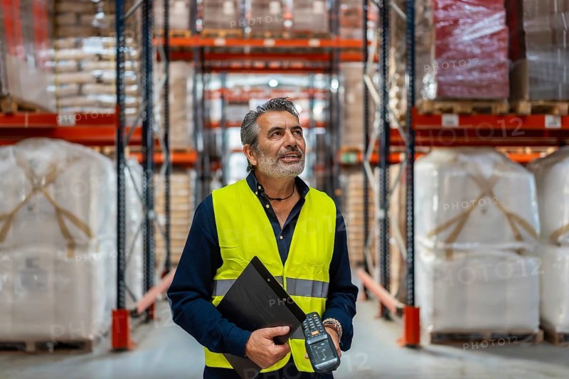 Experienced supply chain manager wearing a safety vest and holding a barcode scanner while carefully reviewing products on high racks in a large distribution warehouse