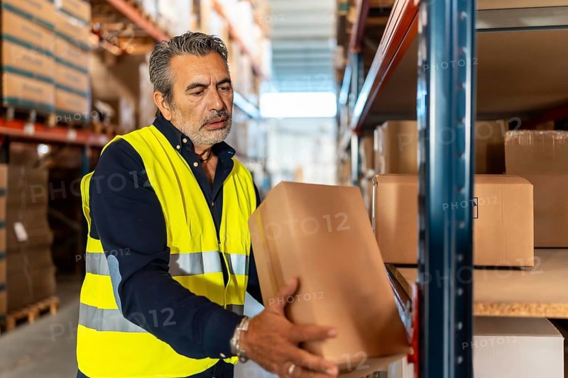 Man wearing reflective vest working in logistics distribution center, carefully placing a carton box on a shelf, managing inventory and stock in a busy supply chain facility