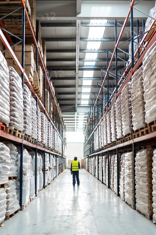Warehouse worker in high visibility vest walks down a long aisle of towering racks filled with wrapped pallets and boxes, symbolizing efficient modern supply chain operations