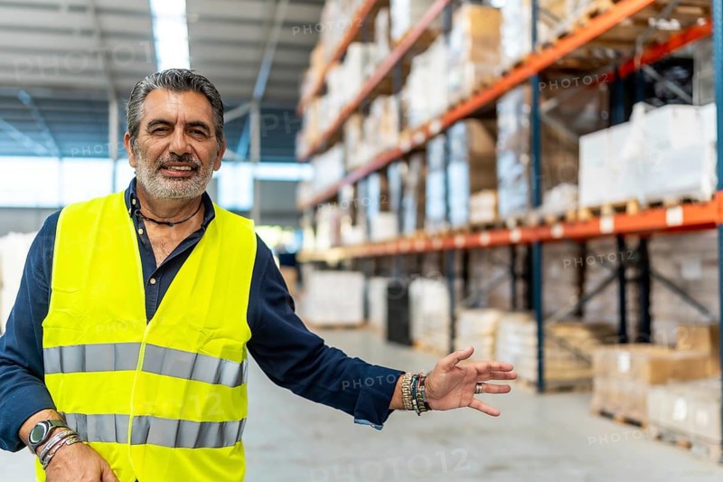 Senior hispanic man in a safety vest smiling while presenting warehouse operations and showing shelves with packages, representing efficiency and organization in logistics management
