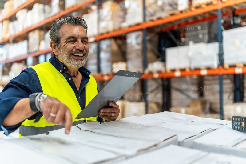 Male logistics supervisor wearing safety vest pointing and holding clipboard, smiling while inspecting stock and managing operations in a large distribution warehouse