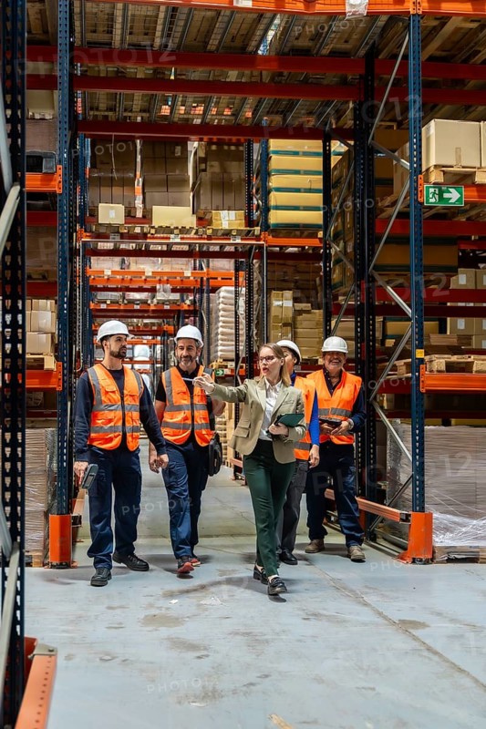Diverse team of logistics professionals and warehouse workers discussing inventory management and safe operational procedures while walking through a large industrial storage facility