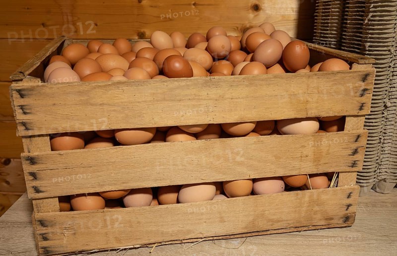 Natural fresh eggs in wooden boxes prepared by the farm for regional sale
