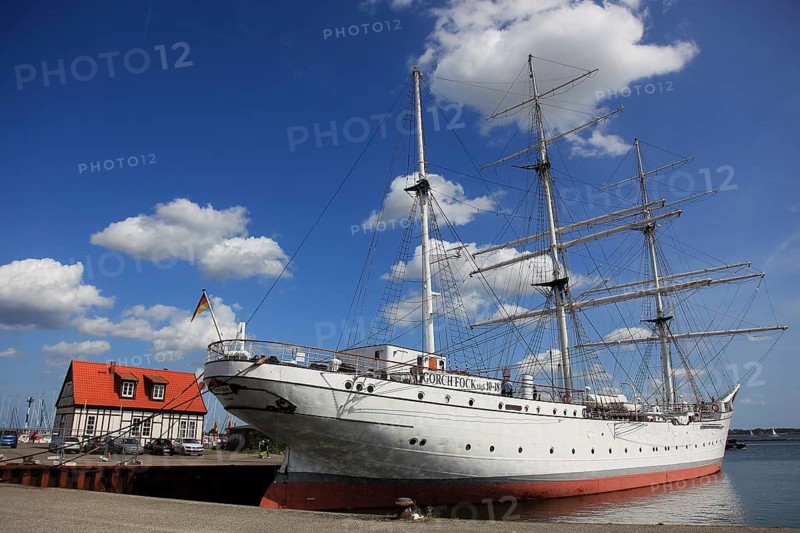 Gorch Fock, a sailing school ship rigged as a bark in the harbor, Stralsund, Vorpommern-Rügen district, Mecklenburg-Western Pomerania, Germany