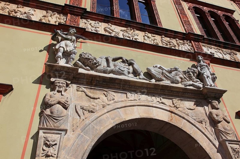 Façade of the Fürstenhof in Wismar, detail of the portal design of the passageway, Renaissance monument, Northwest Mecklenburg district, Mecklenburg-Western Pomerania, Germany