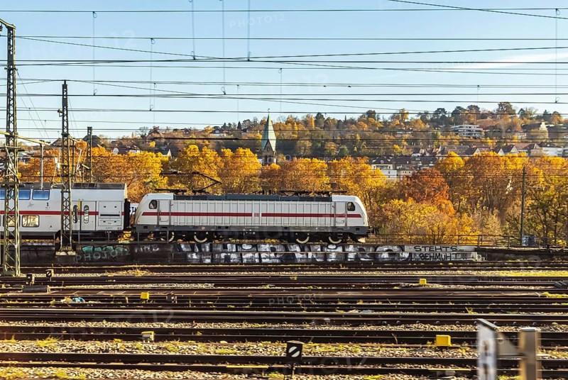 InterCity entering Stuttgart Central Station in autumn. Apron of the track. Stuttgart, Baden-Württemberg, Germany